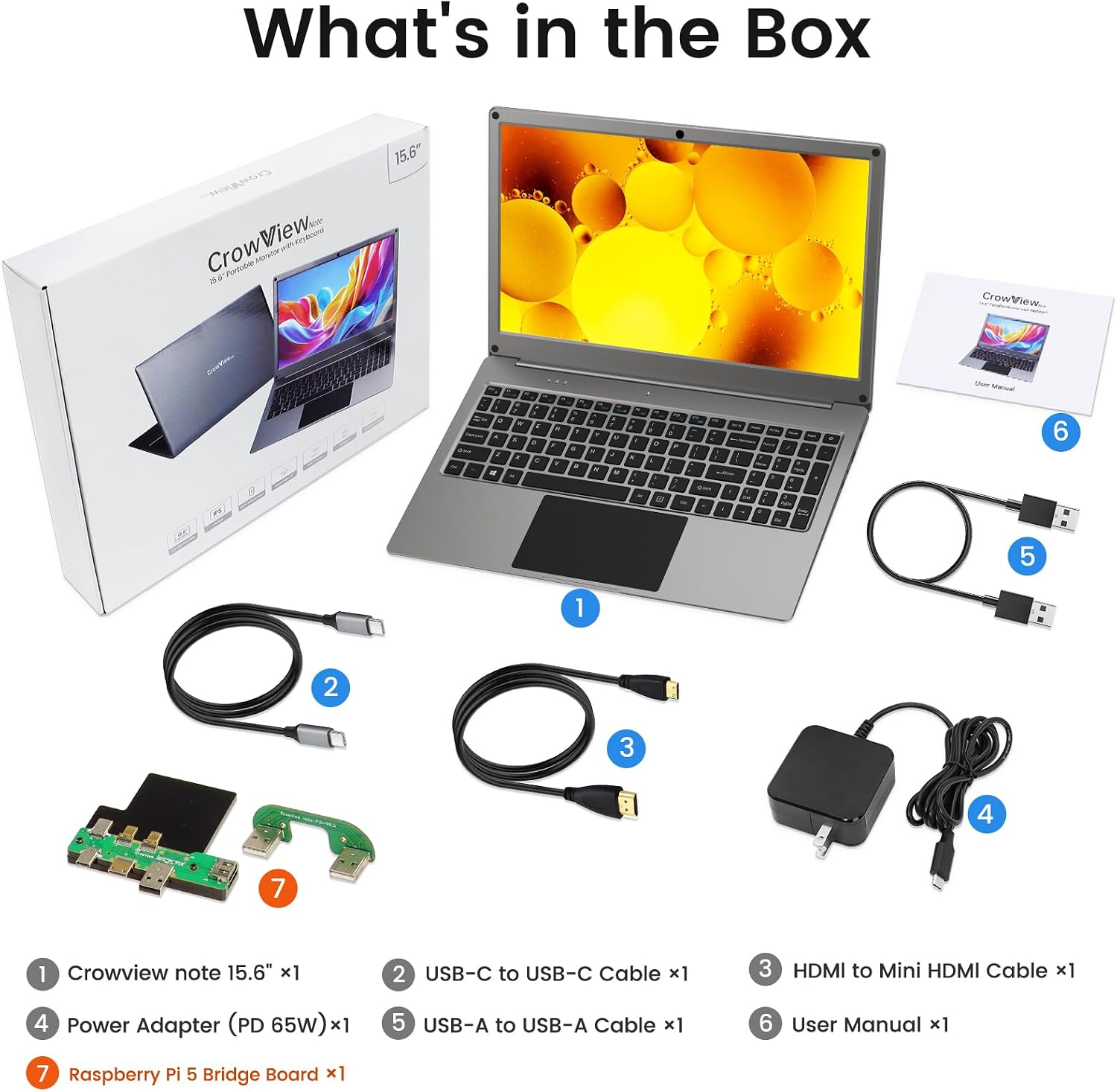 Portable Monitor with Keyboard, 15.6 Inch Lapdock Display with 6000mah Built-in Battery,CrowView Note 1080P FHD USB C Monitors with RPi5 Adapters Compatible with RPi5, PC, Phone, Mac, Game Console