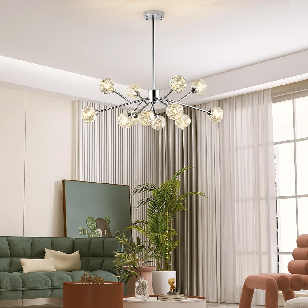 Weesalife Sputnik Chandeliers for Dining Room Light Fixture Over Table, Modern Crystal Chandeliers, 12 Lights Chrome Lighting Fixtures for Living Room Bedroom Kitchen Island Bar