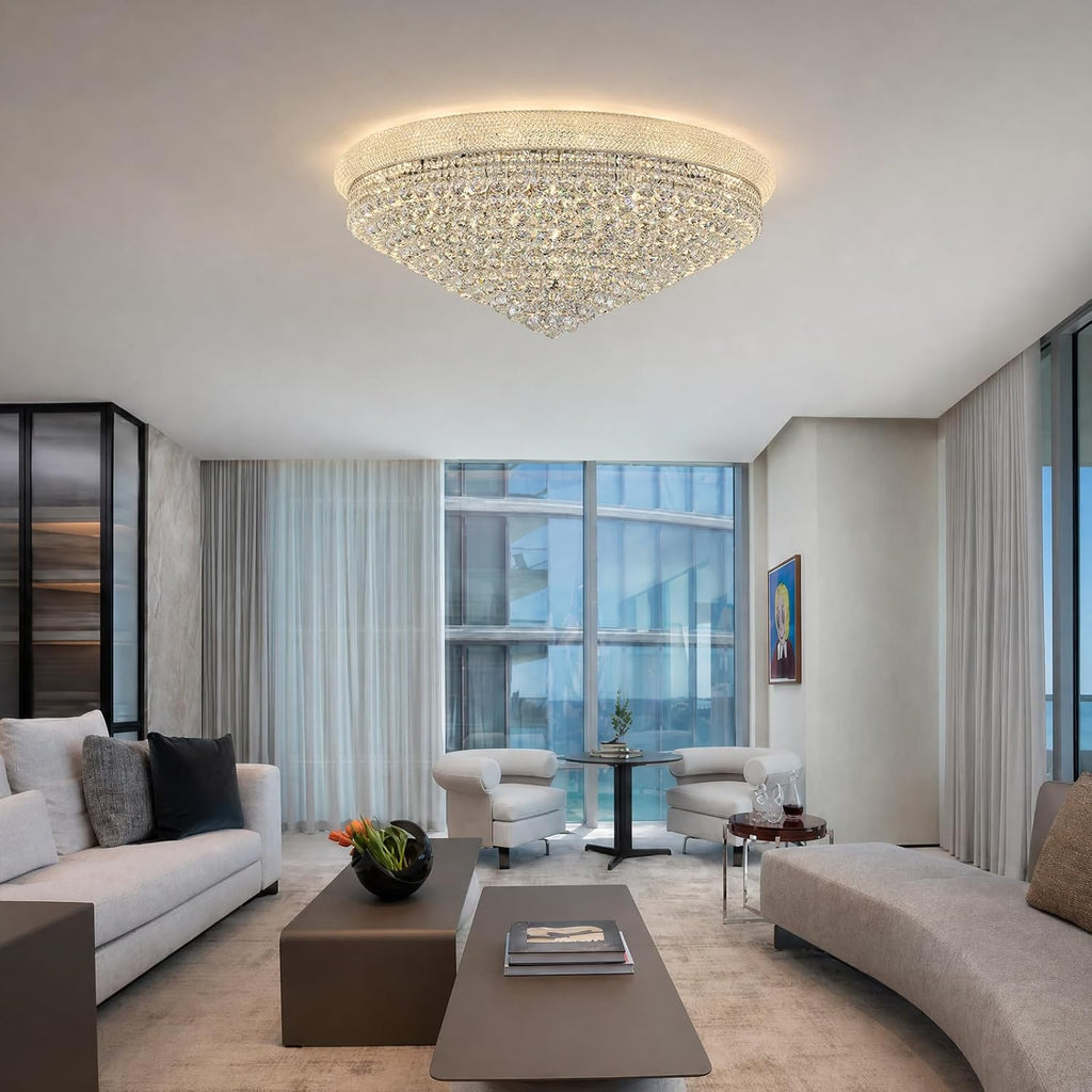 27-Light Large Crystal Chandelier Flush Mount Ceiling Light Fixture for Living Room Entrance Foyer Lobby Chrome Finish