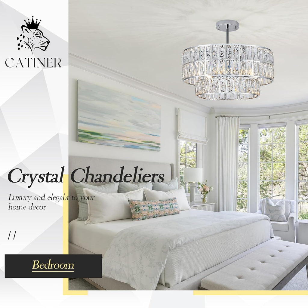 CATINER 20'' Modern Crystal Chandelier Luxury 6-Lights Chrome Semi Flush Mount Ceiling Light Fixtures Round Crystal Pendant Chandelier for Living Room Dining Room Kitchen Foyer Bedroom