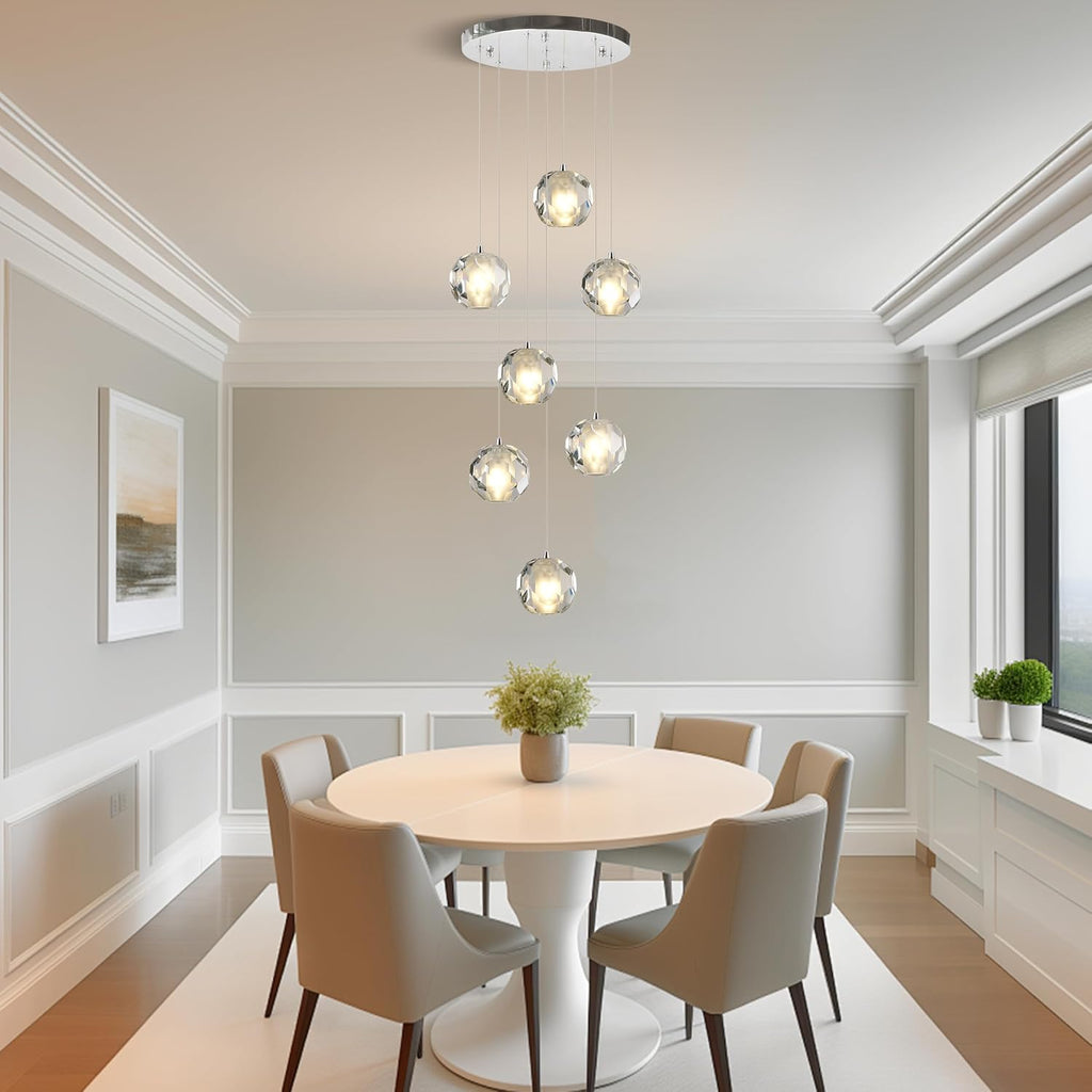 7-Light Multi-facted Crystal Pendant Light Fixture, Cluster Pendant Chandelier Lighting in Chrome, Adjustable Hanging Island Light for Kitchen Dining Room Hallway
