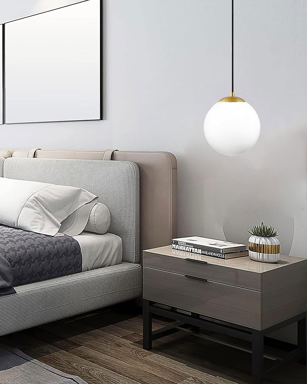 KoKo&Yukina 8' Gold Glass Globe Modern Pendant Lights 2 Pack Mid Century Milky White Glass Pendant Light Fixtures Adjustable Hanging Pendant Lighting for Kitchen Island Bedroom Hallway Bulbs Incl.