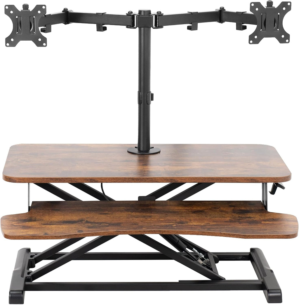 VIVO Height Adjustable 32 inch Standing Desk Converter with Dual 13 to 30 inch Monitor Stand, Sit Stand Monitor Mount and Desk Riser, Vintage Brown Top, Black Frame, DESK-V000KN-M2