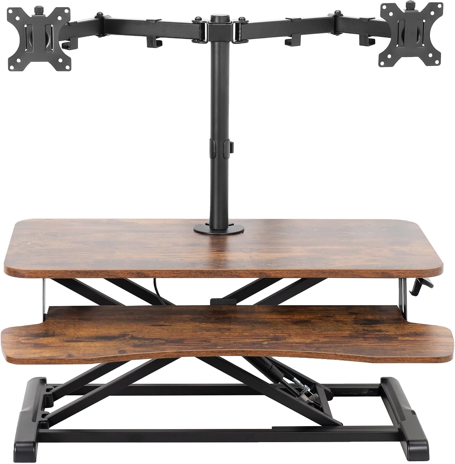 VIVO Height Adjustable 32 inch Standing Desk Converter with Dual 13 to 30 inch Monitor Stand, Sit Stand Monitor Mount and Desk Riser, Vintage Brown Top, Black Frame, DESK-V000KN-M2