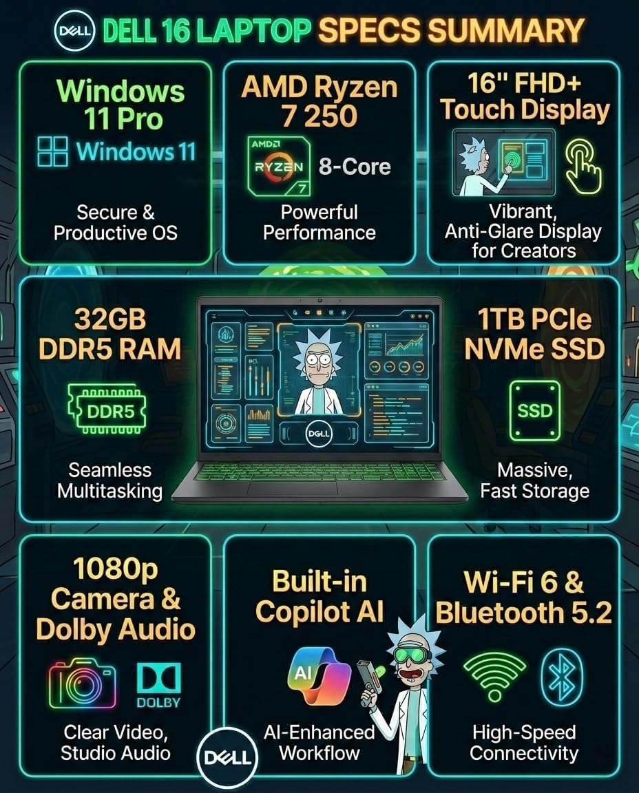 Dell 16 Touchscreen Business Laptop - LDC16255 - AMD Ryzen 7 250 (Beat Core 7 150U) | 32GB DDR5 + 1TB SSD | AI Copilot Key | 16' FHD+ Display |Backlit KB|Win 11 Pro| Carbon Black