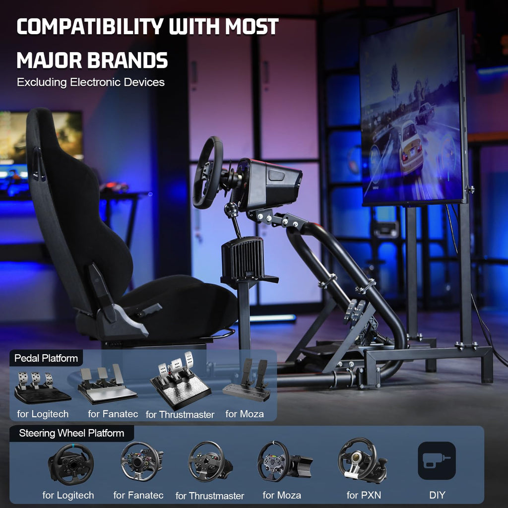 Marada Racing Simulator Cockpit with Monitor Stand Fit for Thrustmaster T500 T3PA,for PXN,for Logitech G923 G920,for FANTEC,Stable Strong Driving Cockpit with Black Seat,Not Included Wheel and Pedal