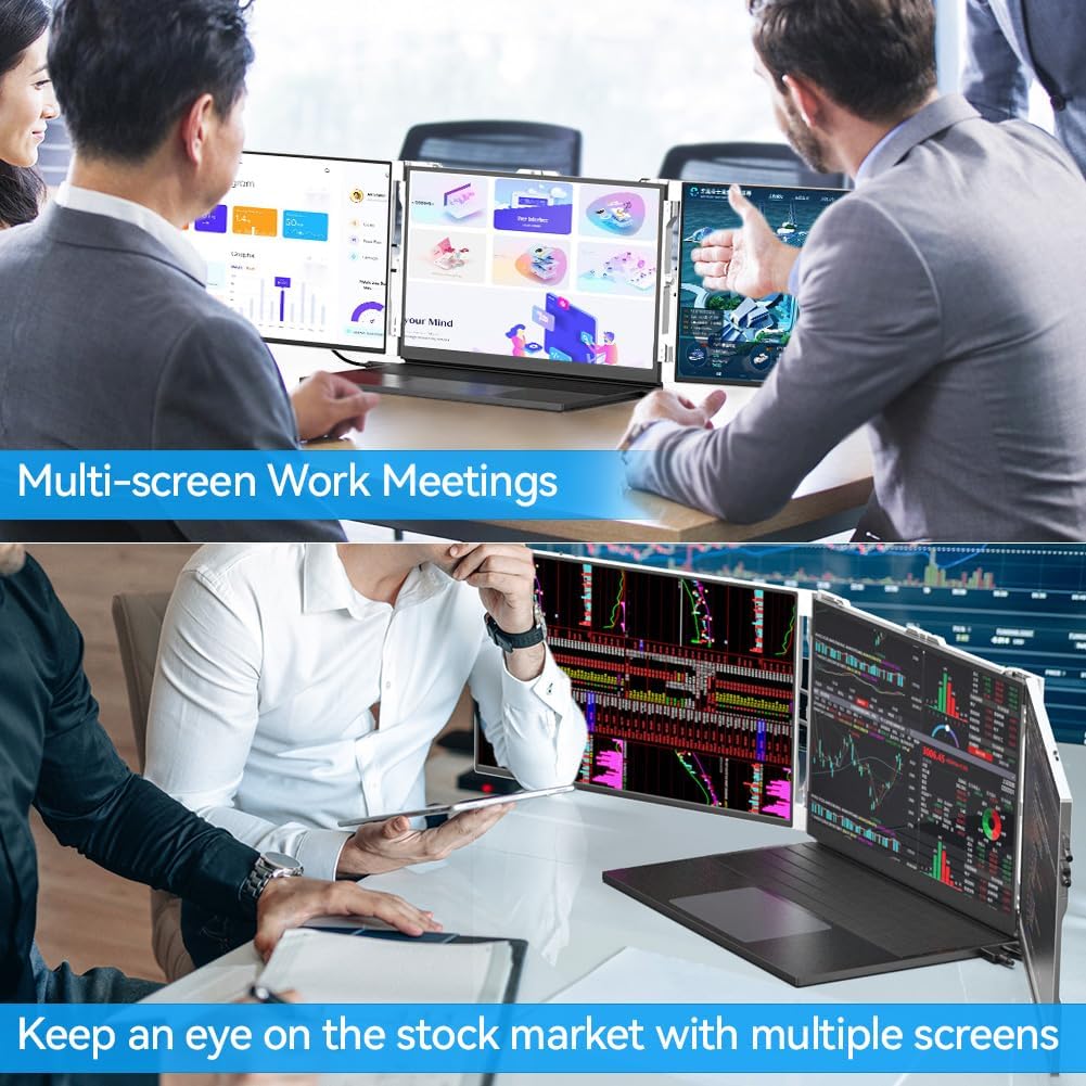 VSDISPLAY 14'' Triple Laptop Screen Extender 1920x1200 IPS Portable Display Dual Monitor with Mini H/D USB-C Plug and Play for 13.3''-16'' Laptops