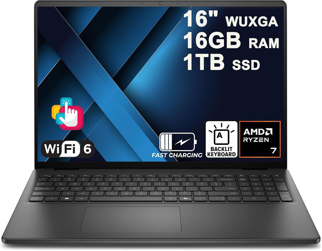 Dell 16 Laptop 16' WUXGA Touchscreen AMD 8-core Ryzen 7 250 (>i7-1355U) 16GB DDR5 1TB SSD Backlit ExpressCharge Wi-Fi6 for Creator Designer Business Professional Work Win11