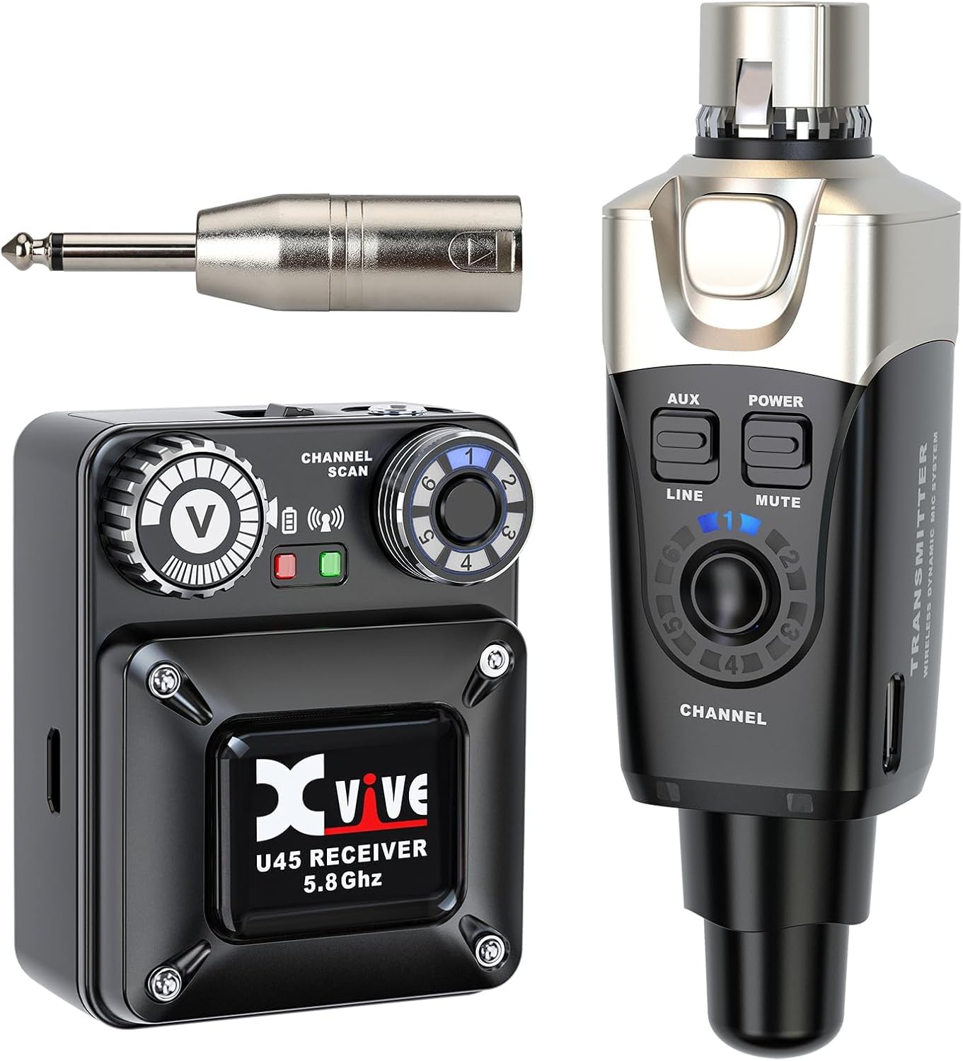 Xvive U45 Wireless in Ear Monitor System 5.8ghz IEM System Transmitter and bodypack Receiver for Studio, Band Rehearsal, Live Performance, Channel Scan Mode, Black