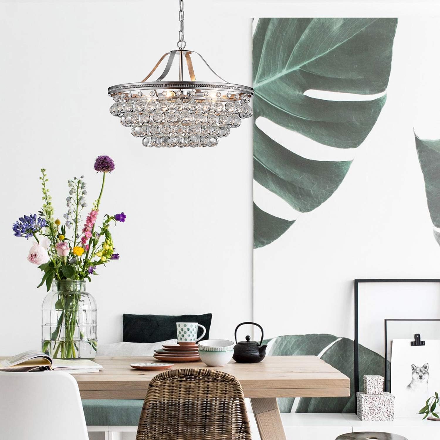 Saint Mossi Silver Crystal Chandelier for Dining Room, Modern K9 Crystal Raindrop Chandelier Lighting Fixture, Chrome Pendant Lamp for Bedroom Livingroom, 5 E12 Bulbs Required, H16 X D20