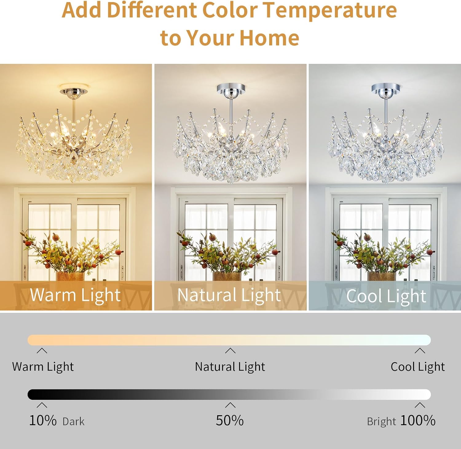 Crystal Ceiling Light Fixture, 6-Lights Modern Crystal Chandeliers for Dining Room Light Fixture, Semi Flush Mount Ceiling Light for Bedroom Kitchen Hallway Entryway Foyer Bathroom Living Room