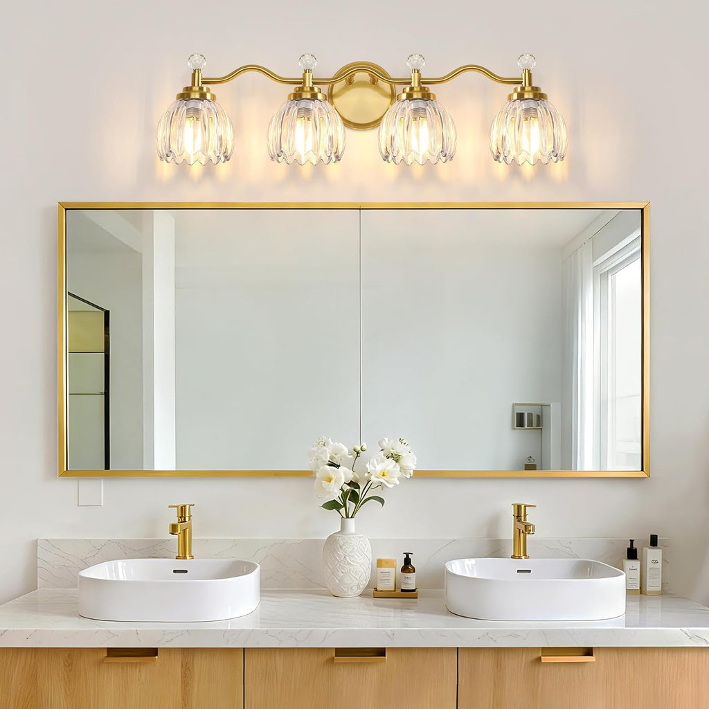 4-Light Bathroom Light Fixtures, Vanity Lights for Bathroom, Wall Lights for Mirror | Clear Glass Shade | Bulbs Not Included | Brushed Gold
