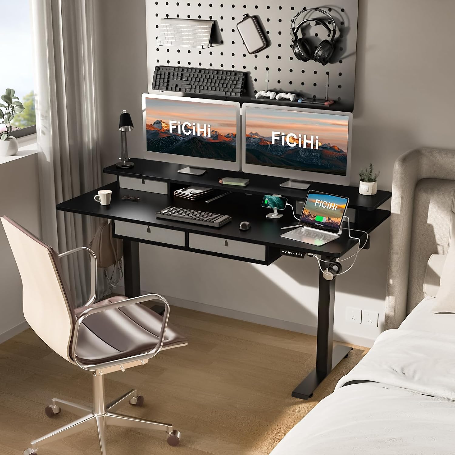 FiCiHi Adjustable Height Standing Desk with 4 Drawers,55 x 30 inches Electric Sit Stand Desk for Home Office,3 Memory Presets,Monitor Stand Riser,USB A/C Charging Port