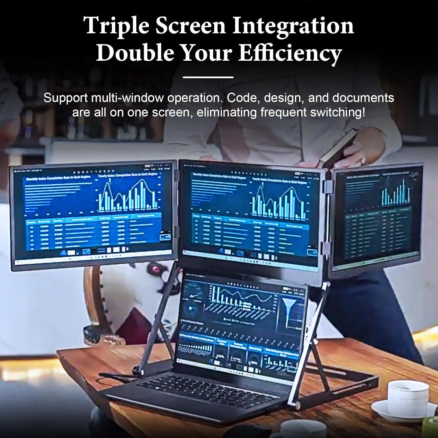 Tri-Screen Laptop Monitor Extender, 15.6 Inch Portable 1080P FHD IPS Display, USB-C HDMI Play Multi-Screen Setup for Office