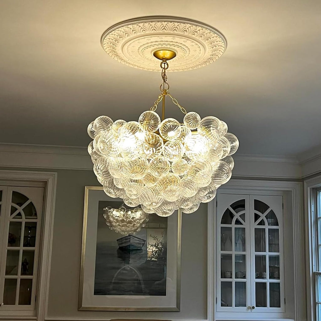 Longree Nordic Bubble Ball Swirled Glass Chandelier, Diam 31' Gild Gold and Clear Modern Hand Blown Glass Pendant Light Fixture 9-Light for Dining Room, Bedroom, Study, Restaurant, Hallway
