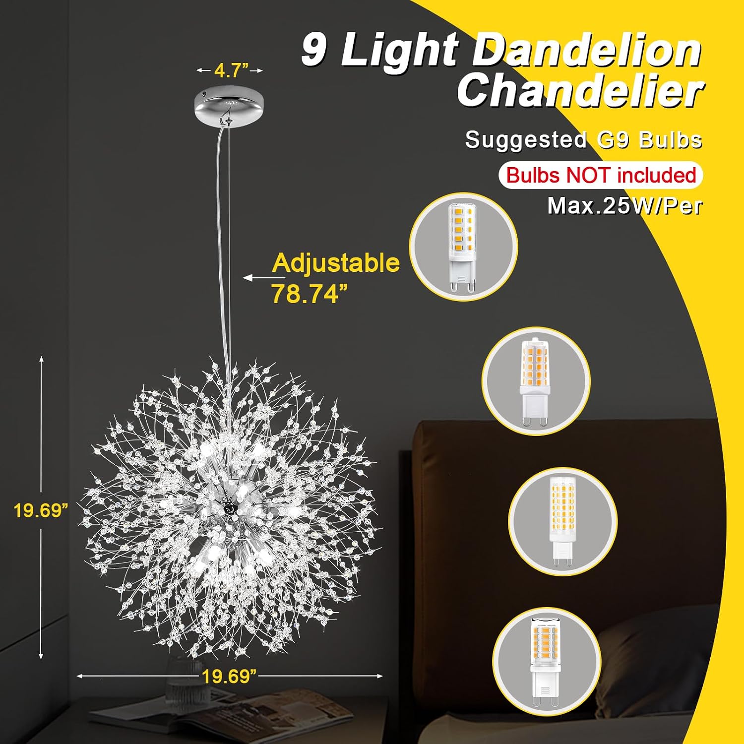 Qamra Modern Crystal Chandeliers, Chrome Firework Dandelion Sputnik Chandelier Light Fixture Pendant Lighting for Dining Room, Bedroom, Kitchen, Living Room(9-Light, Chrome)
