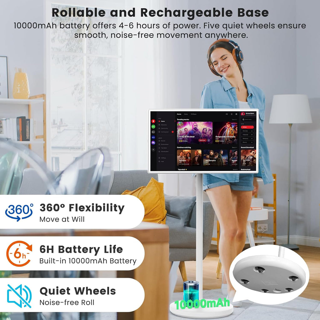 BIGASUO 32' Smart Portable TV on Wheels, 1080P FHD Touchscreen Monitor, 8GB RAM 128GB ROM, Android 13 OS, Rolling TV with Built-in 6H Battery, Full Swivel Rotation, Remote Control, White Design