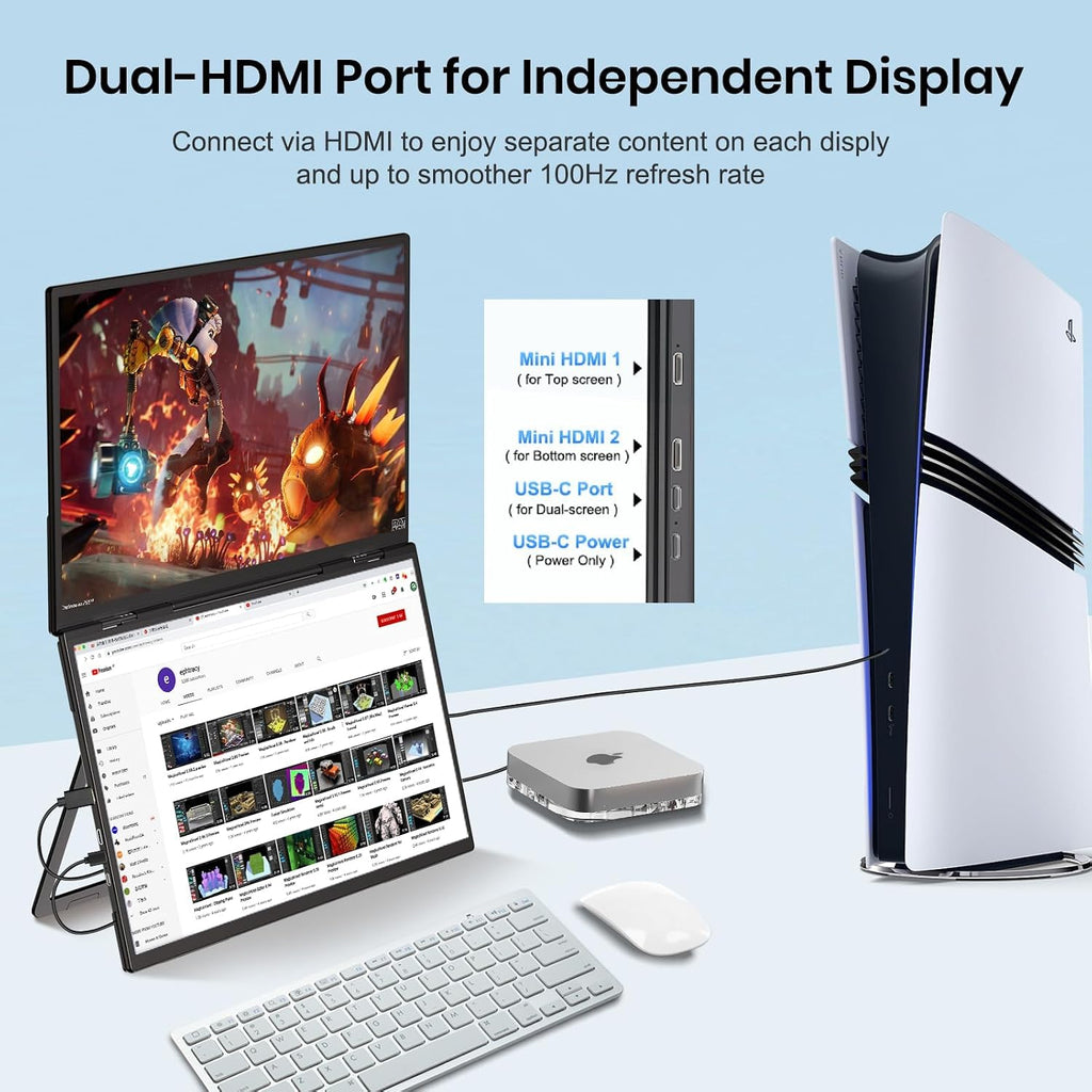 18.5'' Portable Dual Monitor, One Cable Laptop Screen Extender, FHD 1080P 100Hz Type-C USB-A HDMI, Folding Stacked Triple Monitor Built-in Stand Speakers for Laptop Desktop Windows Mac(Driver Need)