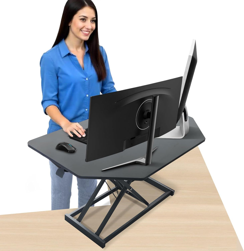 Aconcept 32 inch Black Corner Height Adjustable Standing Desk Converter, One-Click Sit to Stand up Desk Riser, Pre-Assembled for Dual Monitor and Laptop Workstation