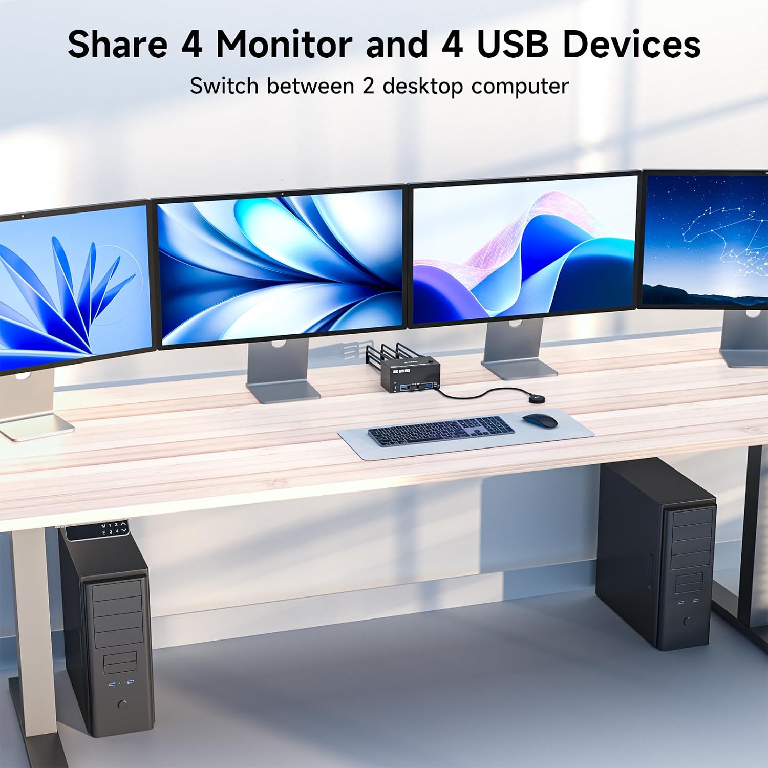 KVM Switch 4 Monitors 2 Computers 8K@60Hz/4K@120Hz, HDMI DP KVM Switches for 2 PC Sharing Quad Monitor and Keyboard Mouse with Power Adapter, Wired Extend Controller and USB Cables, 【Input 3 DP+1 HD】