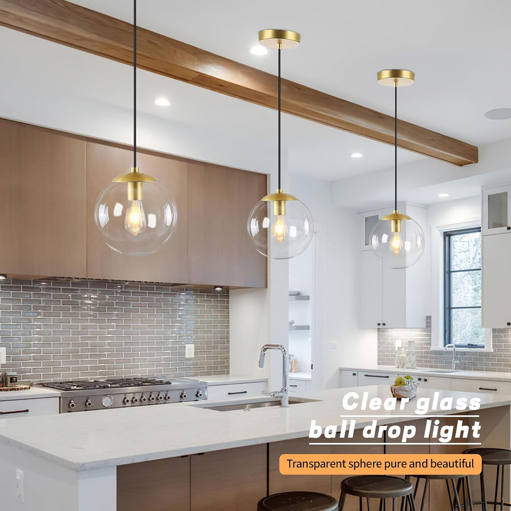 KoKo&Yukina 8' Gold Glass Globe Modern Pendant Lights 2 Pack Mid Century Clear Glass Pendant Light Fixtures Adjustable Hanging Pendant Lighting for Kitchen Island Bedroom Hallway Bulbs Included