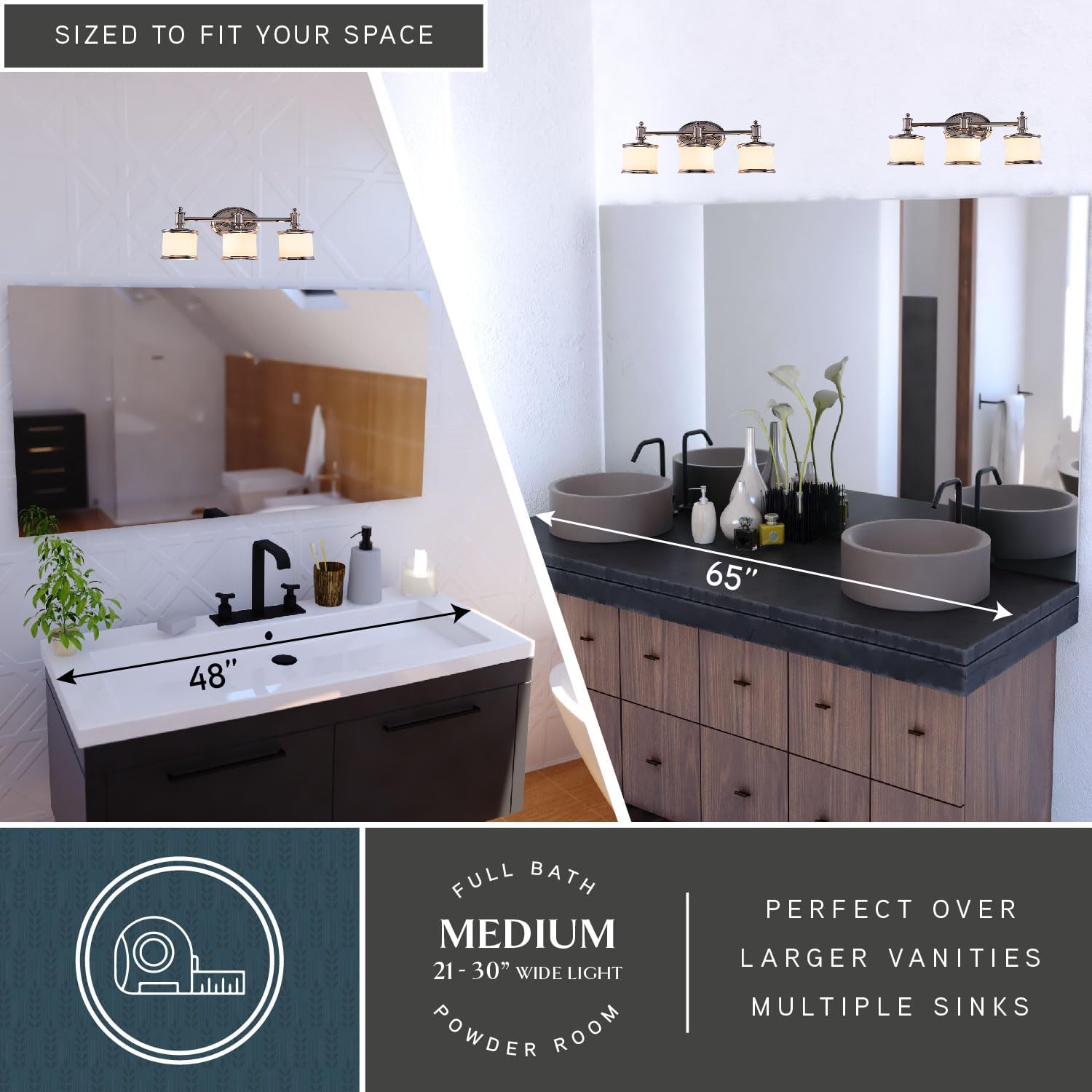 VAXCEL Carlisle 3-Light 22.25 inch Wide Chrome Transitional Bathroom Vanity Lighting Fixture, White Frosted Opal Glass Shade, Dimmable, LED Compatible, Reversible Over The Mirror Mounted Wall Sconce