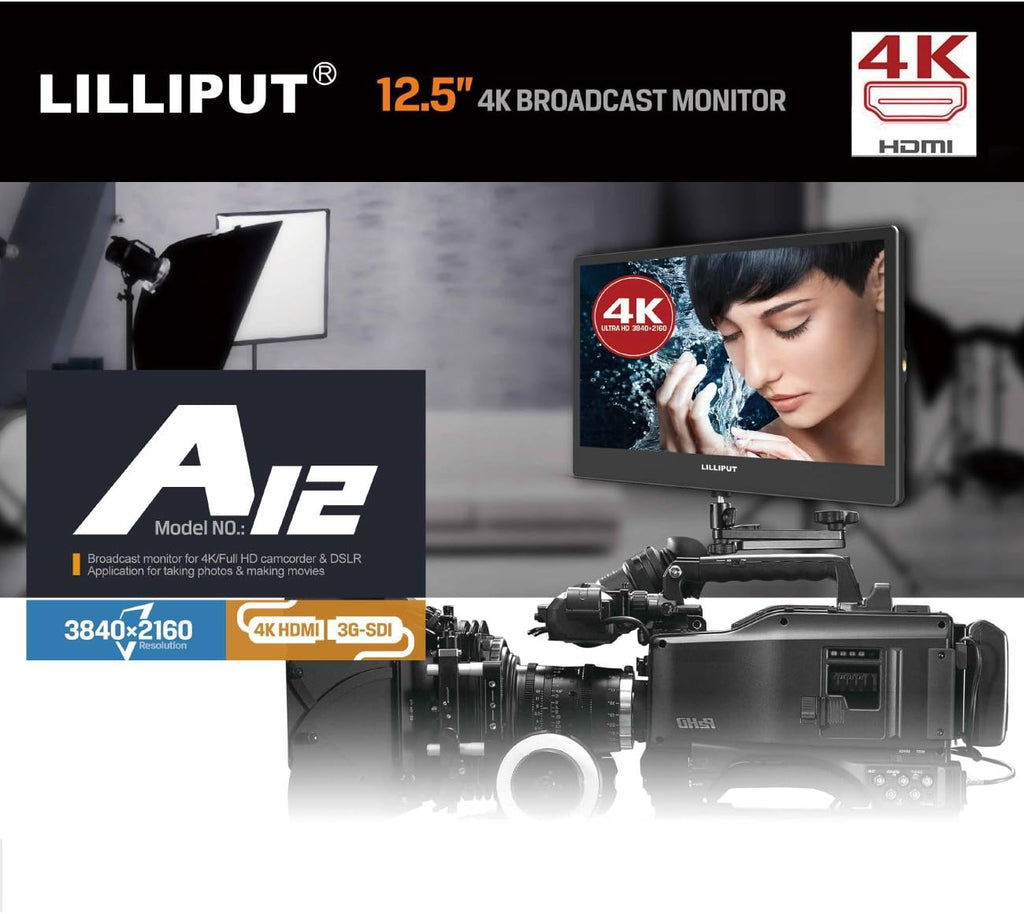 Lilliput A12 Monitor DSLR Camera 12.5' 4K HDMI 3G-SDI 3840X2160 Monitor for Sony FS5 FS7 F5 F55 RED Scarlet-W Weapon Raven Epic-W ARRI Alexa Mini Canon C200 C300 II DJI Ronin