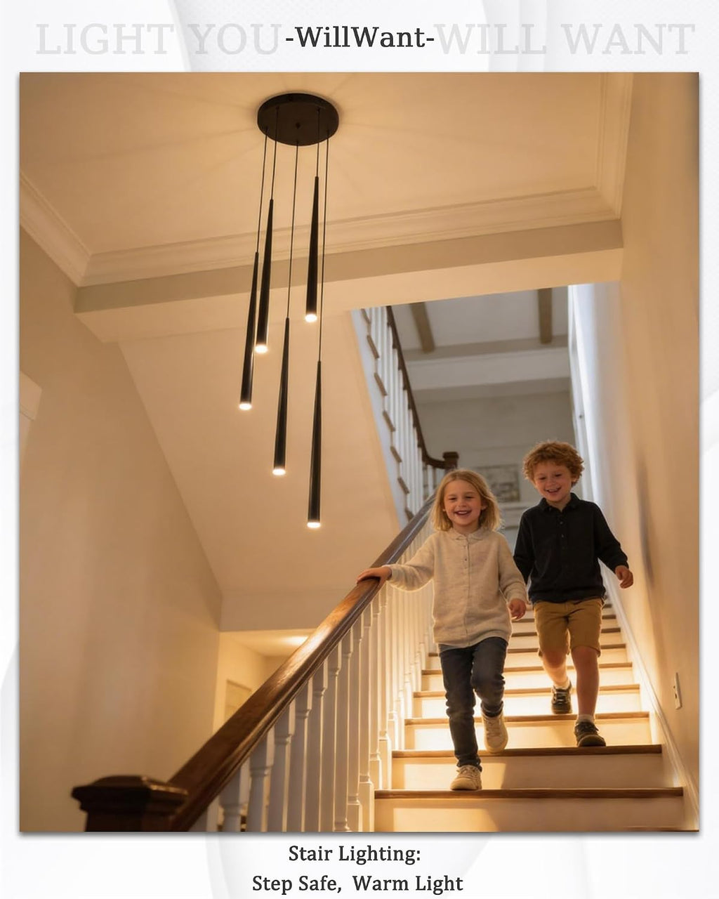 5-Light Modern Black LED Chandelier, High Ceiling Chandelier for Staircase Entryway Foyer, Linear Dimmable Hanging Light Fixture with 3 Color Temperatures