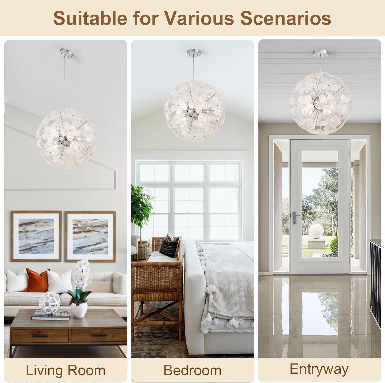 Modern Flower Chandelier Spherical Glass Pendant Light Fixture Height Adjustable Hanging Lamp Semi Flush Mount Ceiling 9 Light for Dining Room, Living Room, Bedroom, Hallway, Kitchen, Foyer