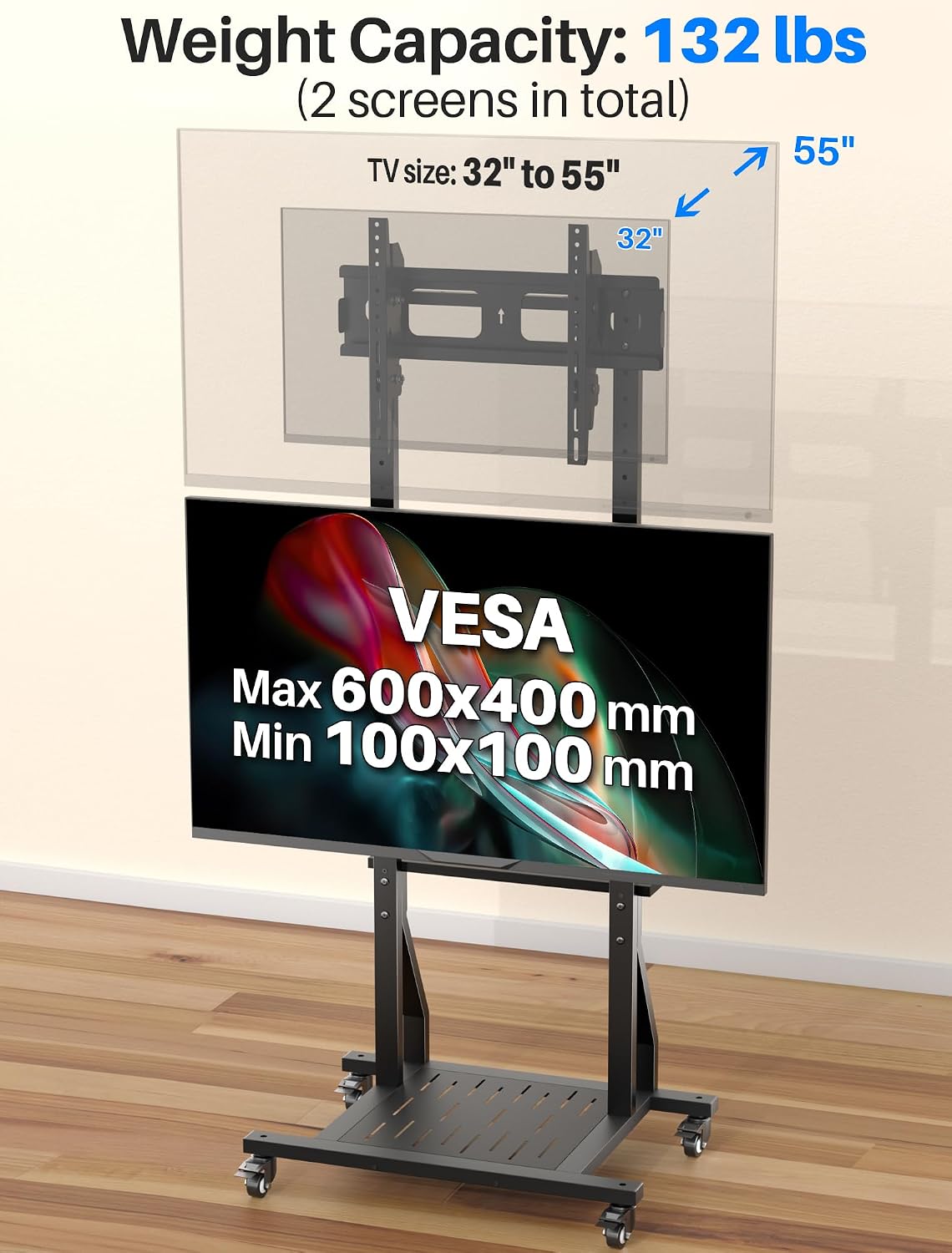 Mobile Dual TV Stand,Rolling TV Cart for 2 TVs with Table and Storage Space,Tilt TV Mount Floor Stand with Locking Wheels, Max VESA 600x400,Hold up to 132 lbs