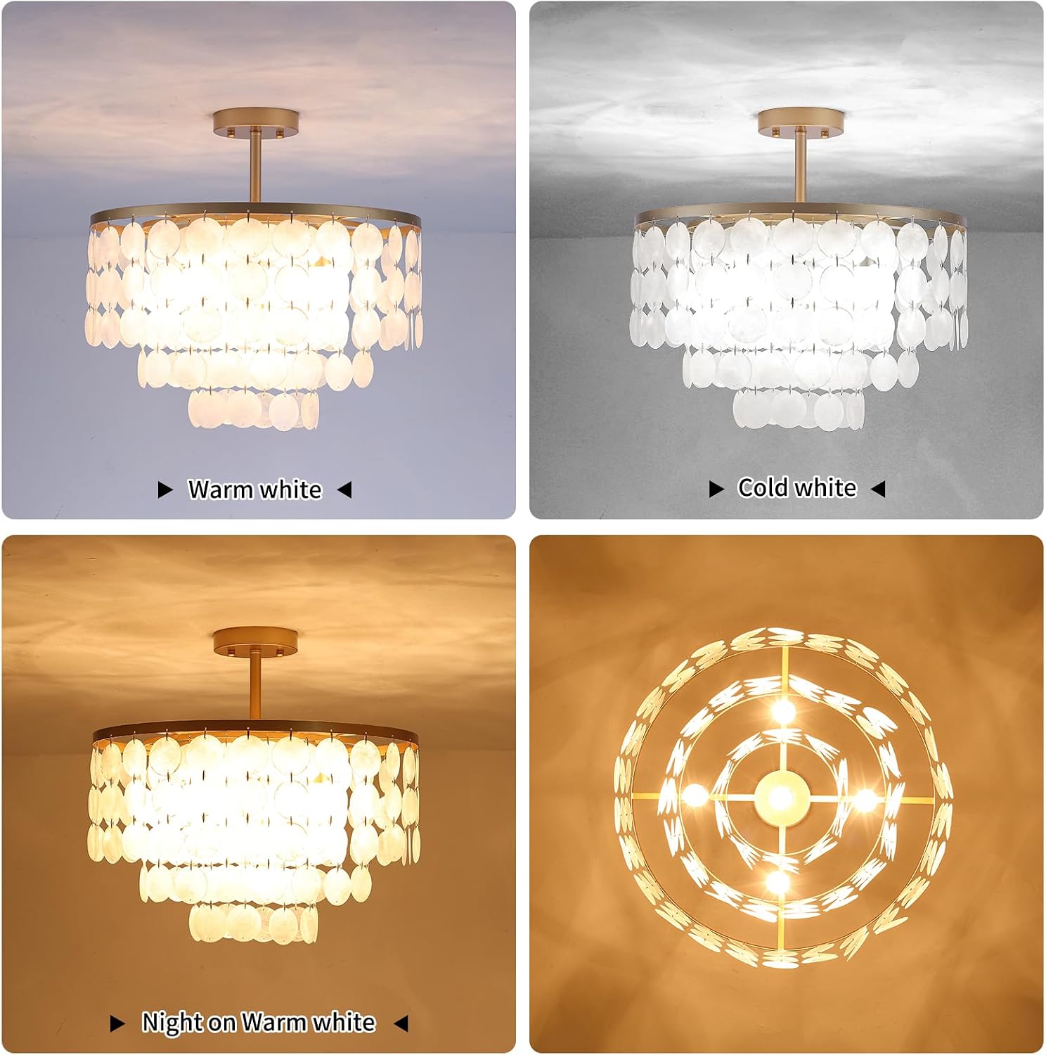 17.72' Capiz Shell Chandelier, 5 Light Modern Coastal Chandeliers, Gold Dining Room Light Fixture, Natural Seashell Hanging Light Fixtures for Living Room Bedroom Kitchen Foyer Bathroom