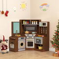 GLACER Corner Wooden Play Kitchen with Real Lights & Sounds, Pretend Kids Kitchen Playset with Trash Bin, Accessories, Dishwasher, Microwave Oven, Cooking Play Set for Toddlers Ages 3+ (Coffee)