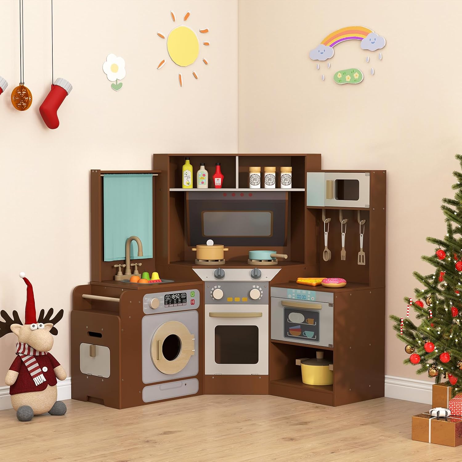 GLACER Corner Wooden Play Kitchen with Real Lights & Sounds, Pretend Kids Kitchen Playset with Trash Bin, Accessories, Dishwasher, Microwave Oven, Cooking Play Set for Toddlers Ages 3+ (Coffee)