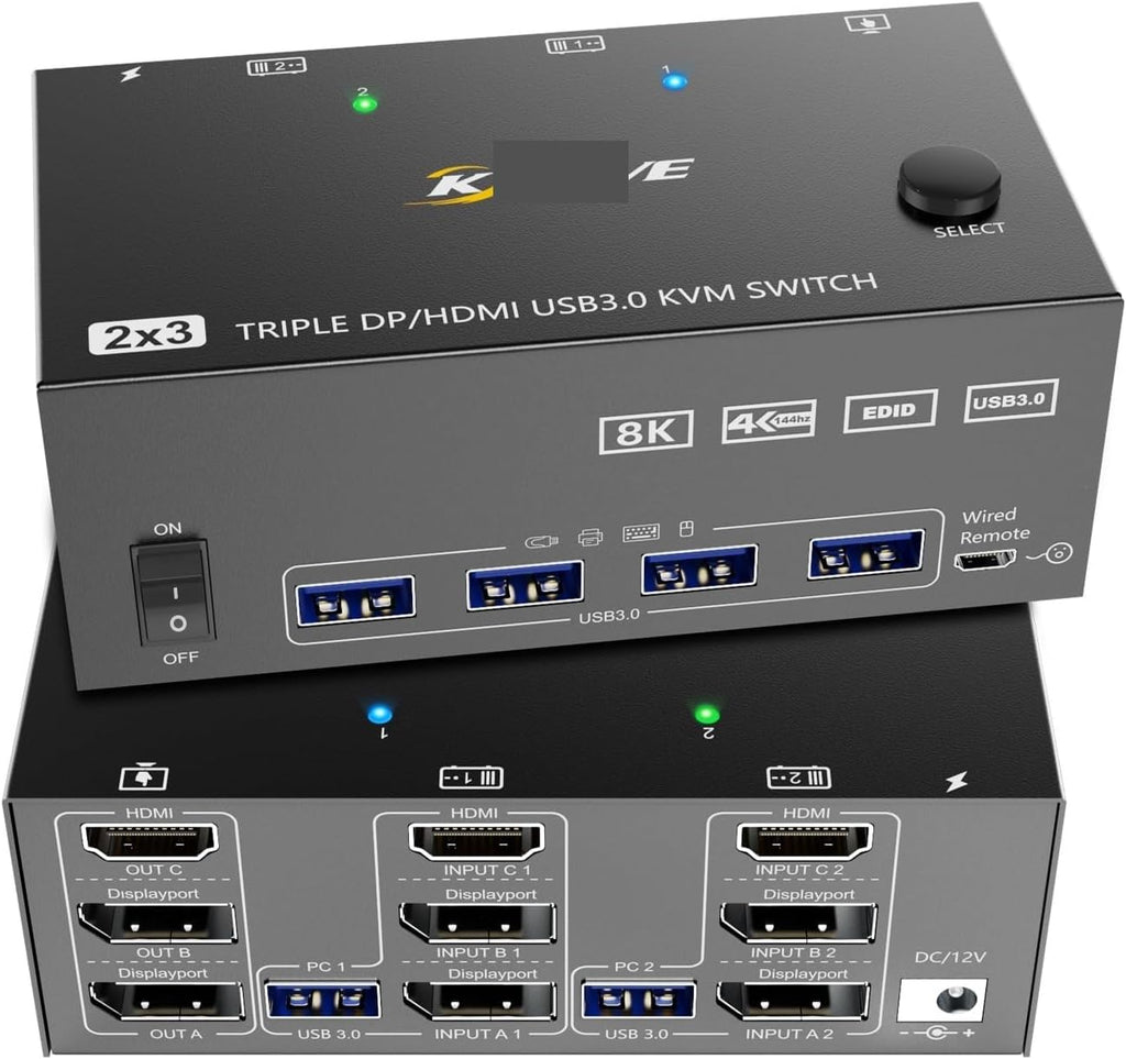 KVM Switch 3 Monitors 2 Computers,Triple Monitors KVM Switch DisplayPort HDMI 3 Ports 8K@60Hz 4K@144Hz Extended Display(203DH US Plug)