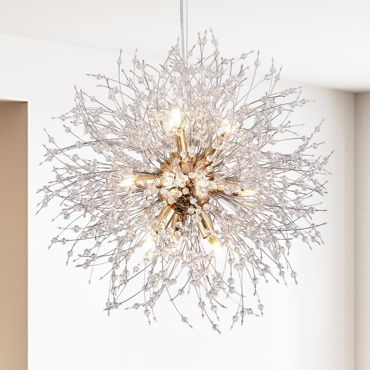 Firework Gold Crystal Chandelier, 9-Light Dandelion Chandelier Lighting for Dining Room, 19.6' Modern Sputnik Pendant Light for Bedroom Kitchen Island