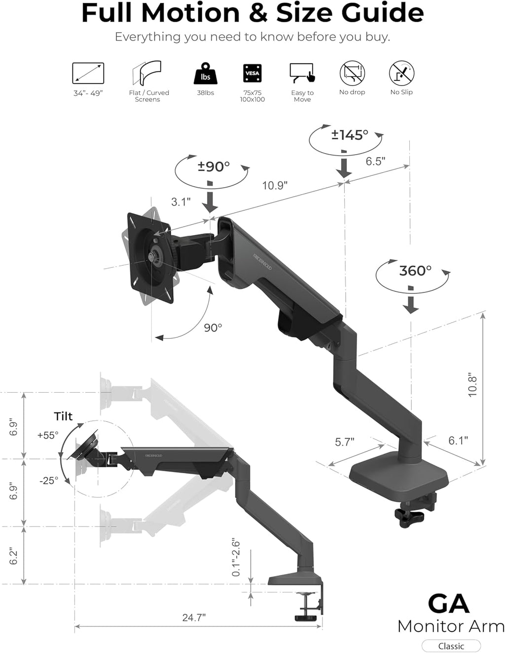 Modernsolid Heavy Duty Monitor Arm Desk Mount for 34-49 Inch Ultrawide Curved Monitors, Supports 14-38 lbs, Gas Spring Ergonomic Full Motion with Cable Management, Red Dot Design Awarded, Black