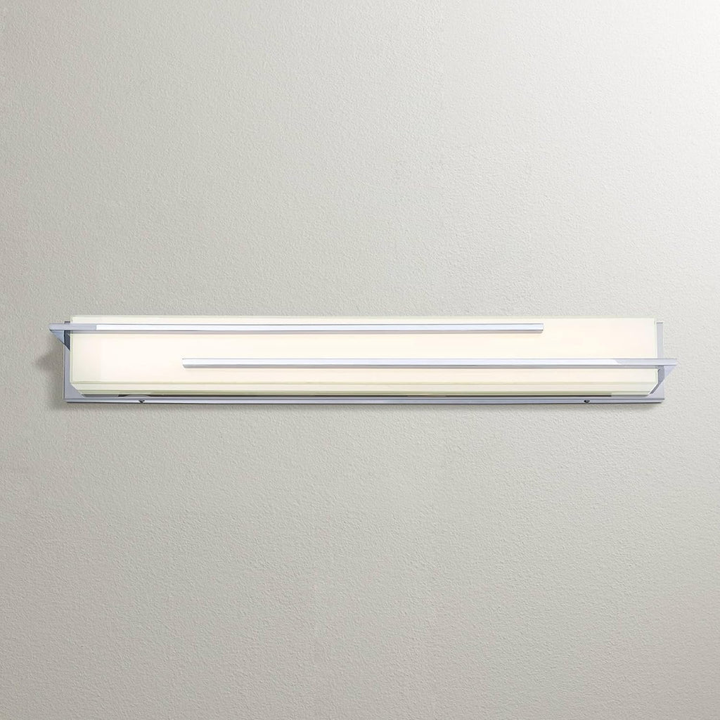 Possini Euro Design Jada Modern Wall Mount Light LED Chrome Silver Hardwired 33 3/4' Wide Light Bar Fixture Rectangular White Glass Shade for Bathroom Vanity Mirror House Home Room Decor