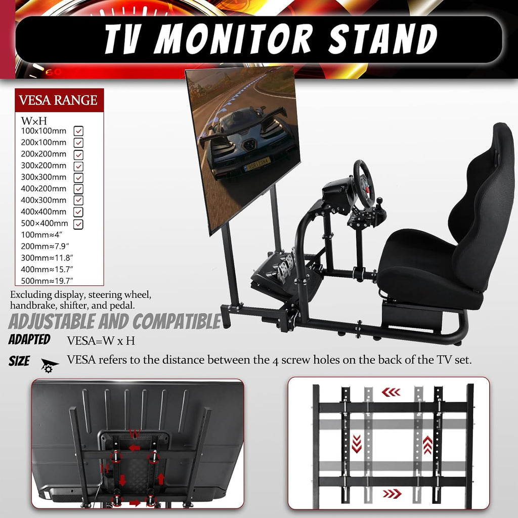 Supllueer Racing Simulator Cockpit Black Seat Stand with Black Seat and Monitor Mount Fit for Logitech G923 G29 G920, for Thrustmaster T248 T300,Excluding Steering Wheel Shift Lever Pedal Display