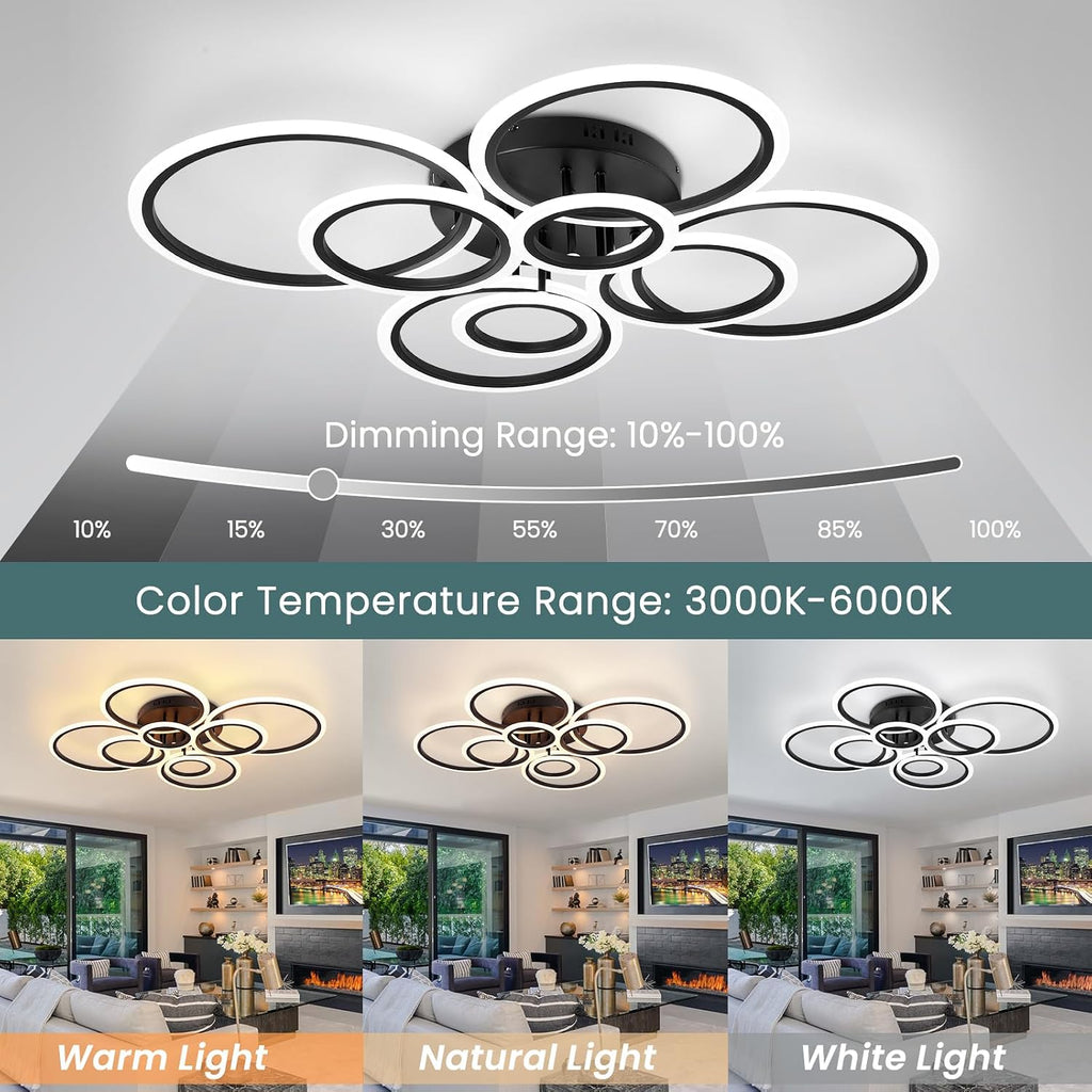 Modern Ceiling Light Fixture, 8 Rings Dimmable Flush Mount Ceiling Light with Remote, Acrylic Close to Ceiling Lighting Fixture for Living Room Bedroom Kitchen (Black, 8 Heads)