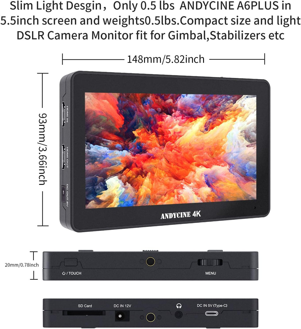 ANDYCINE A6 Plus V2 6' Touch Screen Camera Field Monitor Bundle - Full HD 1920x1080, 4K HDMI Input, 3D LUT, Waveform, Focus Assist with Battery, Carry Case & Sunshade