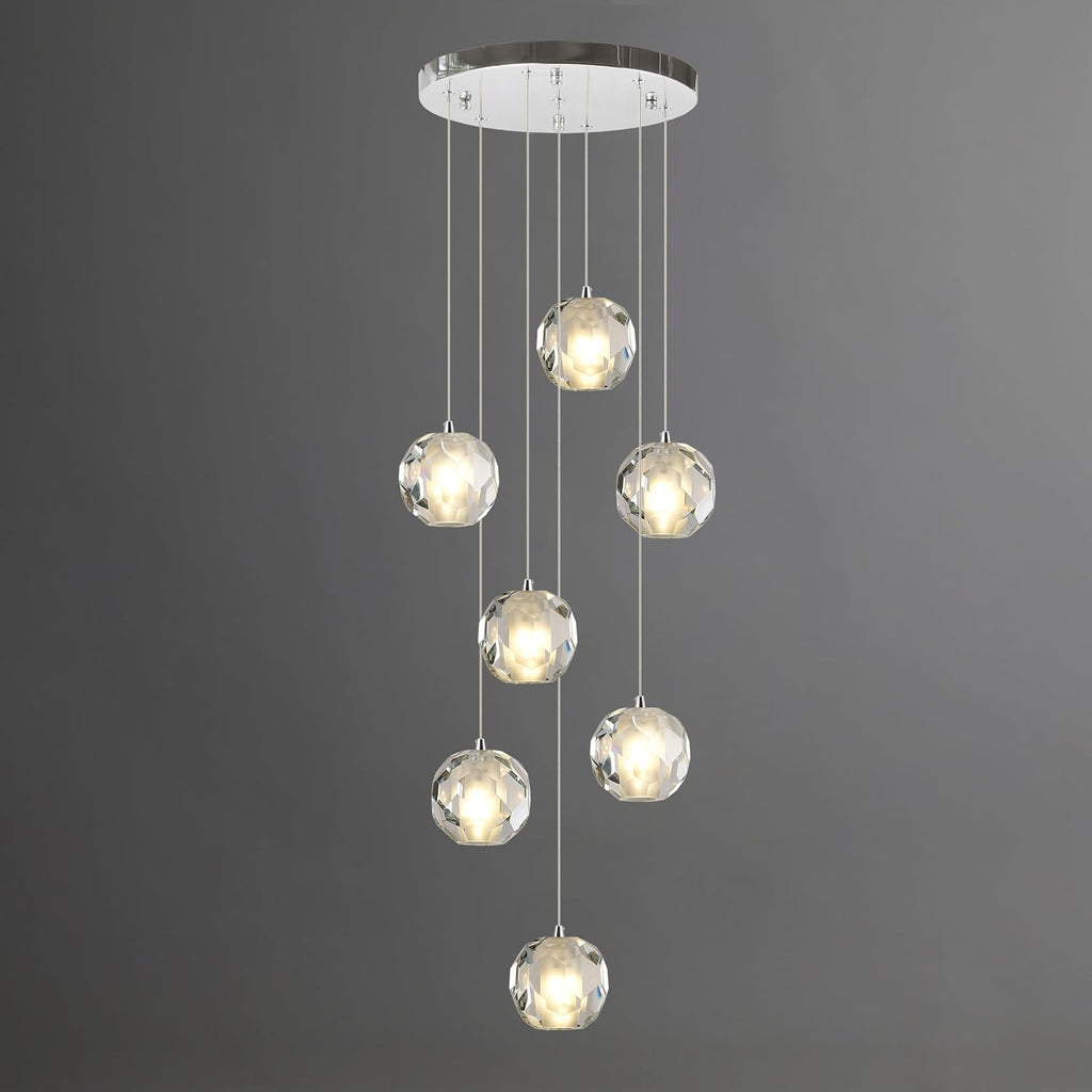 7-Light Multi-facted Crystal Pendant Light Fixture, Cluster Pendant Chandelier Lighting in Chrome, Adjustable Hanging Island Light for Kitchen Dining Room Hallway