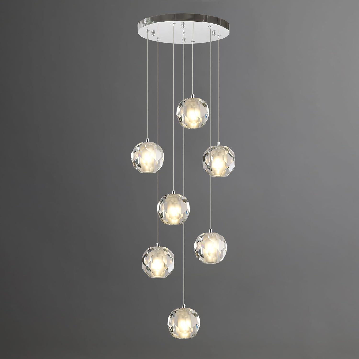 7-Light Multi-facted Crystal Pendant Light Fixture, Cluster Pendant Chandelier Lighting in Chrome, Adjustable Hanging Island Light for Kitchen Dining Room Hallway