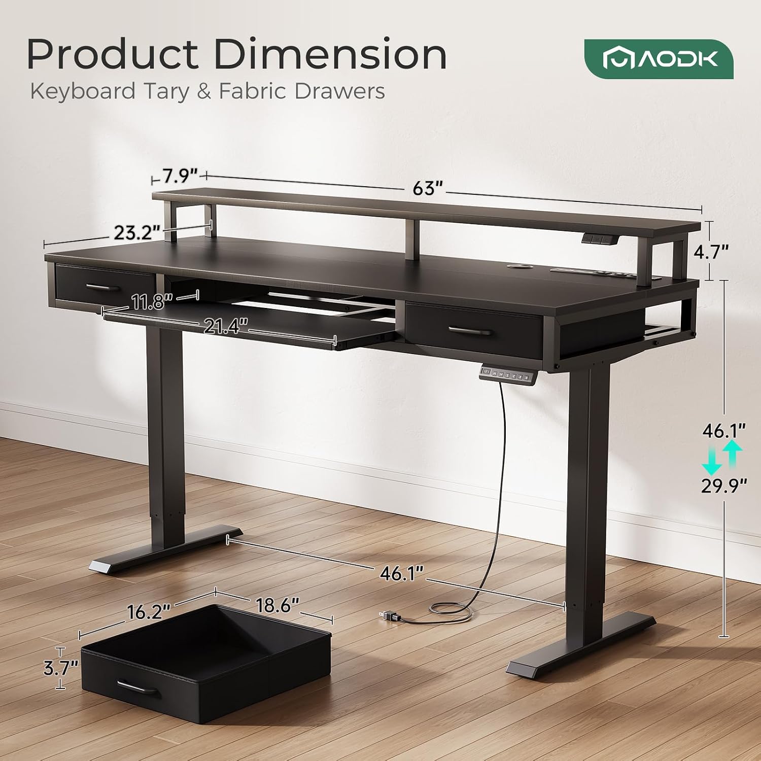 AODK Electric Standing Desk with Drawers & Keyboard Tray, 63 Inch Height Adjustable Gaming Desk with Power Outlets & LED Lights, Sit Stand Table with Monitor Stand for Home, Office, Black