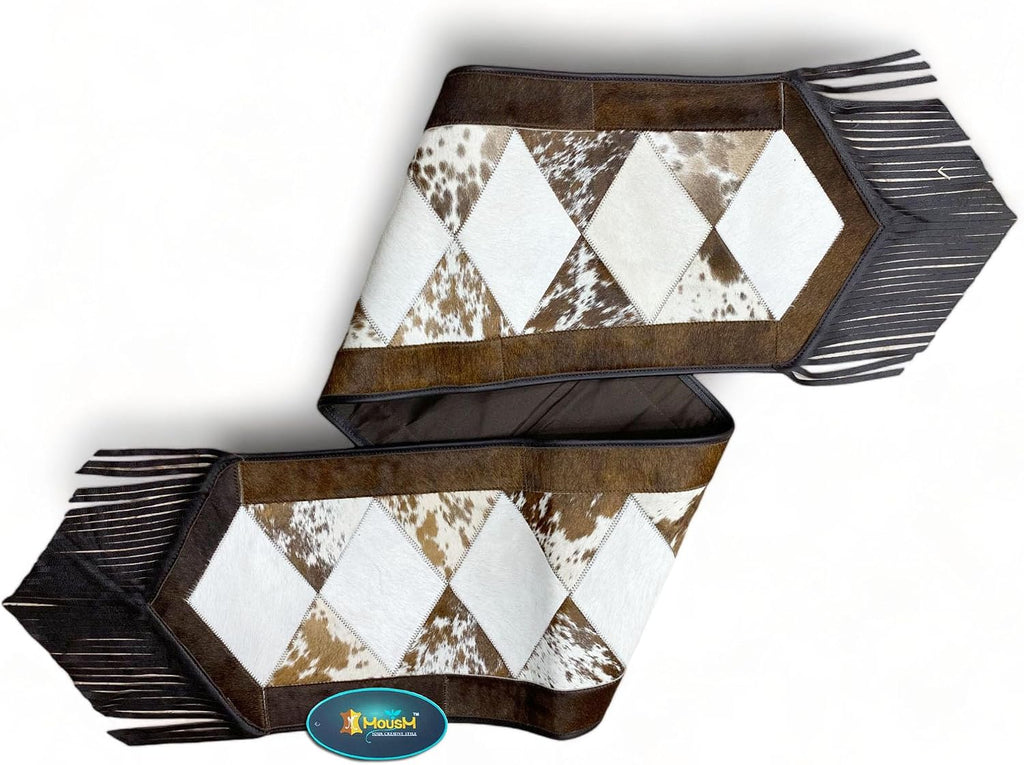 Leather Cow Hide Table Runner 12 x 72 inches Long Decorated with Brown and White Laser Cut Diamond Shape Patch in Between - Black Fringe at Both Corners