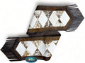 Leather Cow Hide Table Runner 12 x 72 inches Long Decorated with Brown and White Laser Cut Diamond Shape Patch in Between - Black Fringe at Both Corners