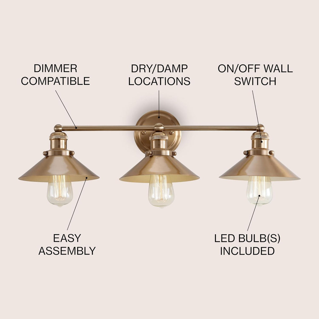 JONATHAN Y 26.5' Brass Gold 3-Light Industrial Farmhouse Metal Vanity Light Wall Sconce, Metal Shade for Bathroom Mirror, Kitchen, Entryway, LED Bulb Included (JYL7431A)