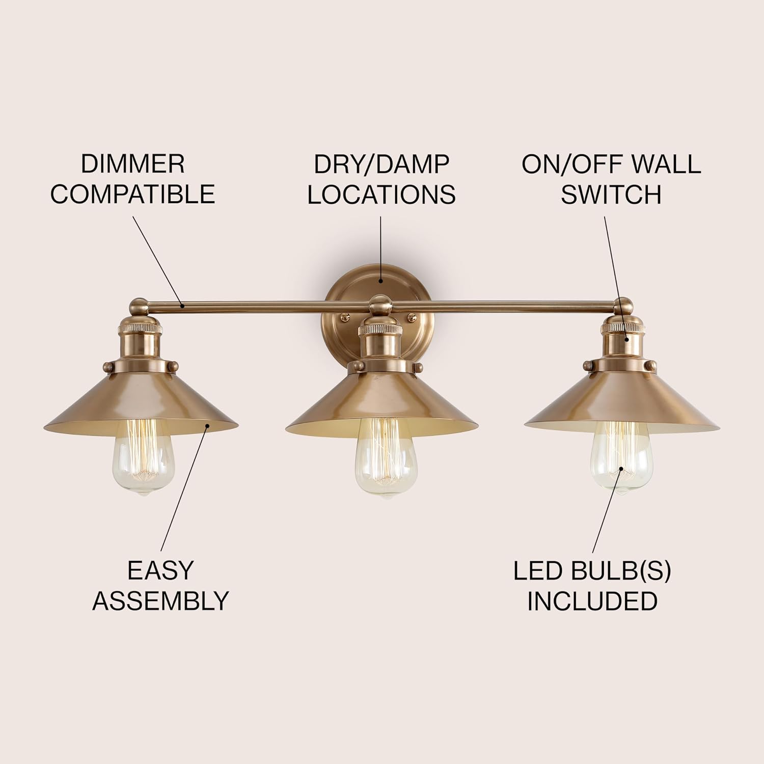 JONATHAN Y 26.5' Brass Gold 3-Light Industrial Farmhouse Metal Vanity Light Wall Sconce, Metal Shade for Bathroom Mirror, Kitchen, Entryway, LED Bulb Included (JYL7431A)