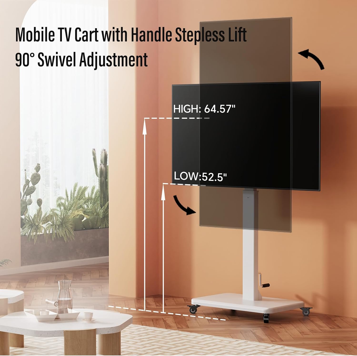 Mobile TV Cart with Handle Stepless Lift,Rolling TV Stand for 42-75inch TVs with 90 Rotating,Portrait to Landscape,Height Adjustable TV Stand with Wheels Holds up to 110lbs,Max VESA 600x500mm (White)