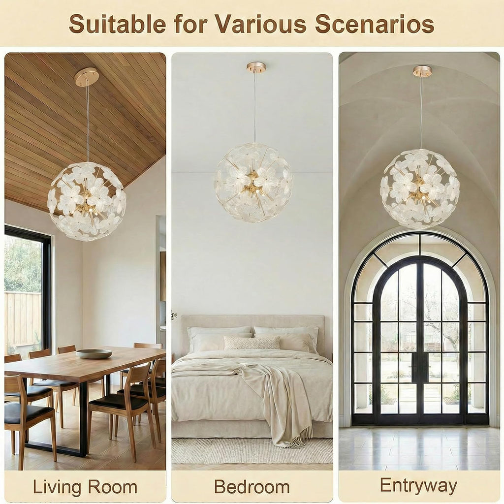 Modern Farmhouse Spherical Glass Chandelier Gold Floral Pendant Lighting Fixture Flower Height Adjustable Hanging 9 Light for Dining Room, Living Room, Bedroom, Hallway, Kitchen, Foyer