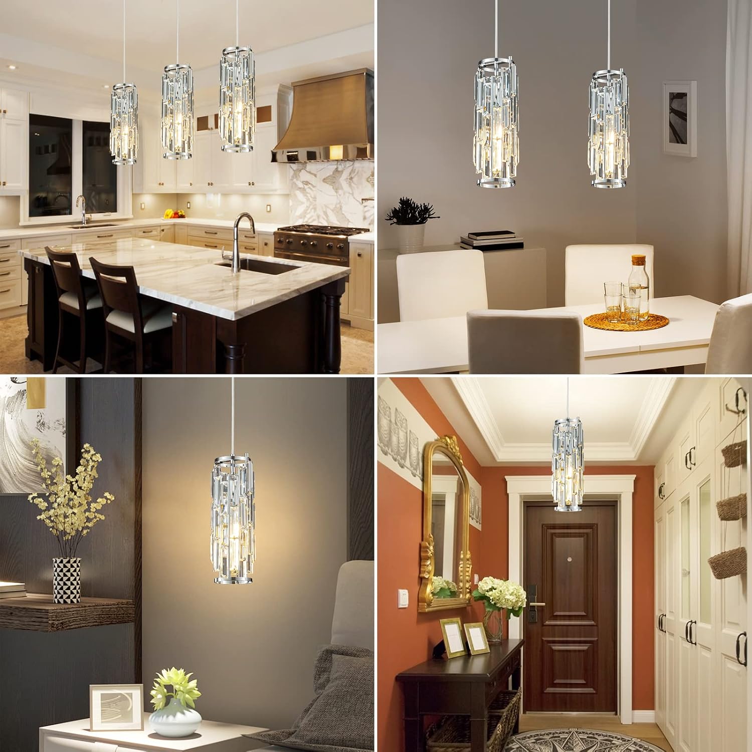 LMQNINE Pendant Lights Modern Chrome Pendant Light Mini Crystal Chandelier Pendant Lighting for Kitchen Island Dinning Room Bedroom Kitchen Sink Lighting (Chrome 3-Pack)